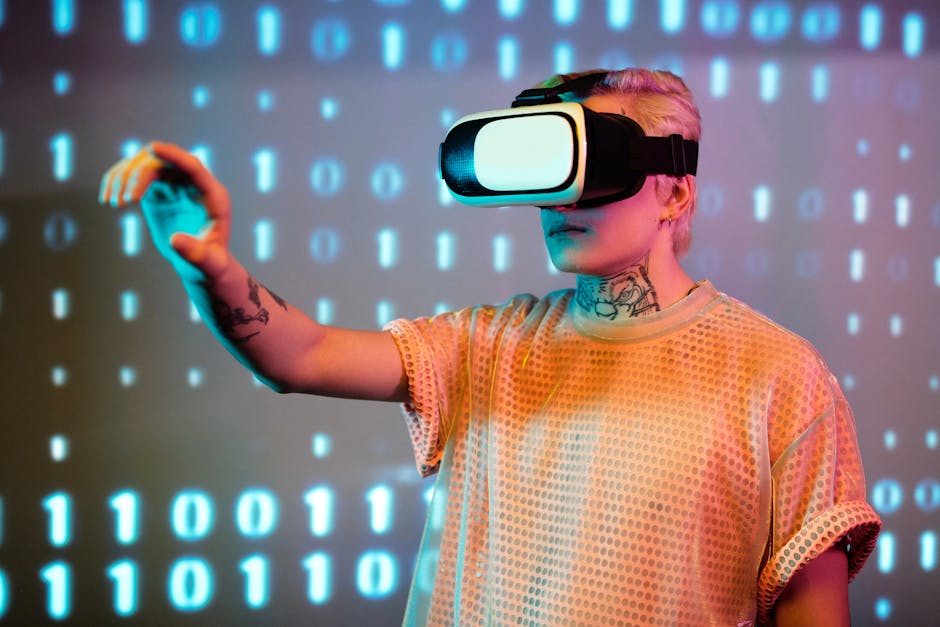 A person experiences virtual reality with a headset against a background of binary code